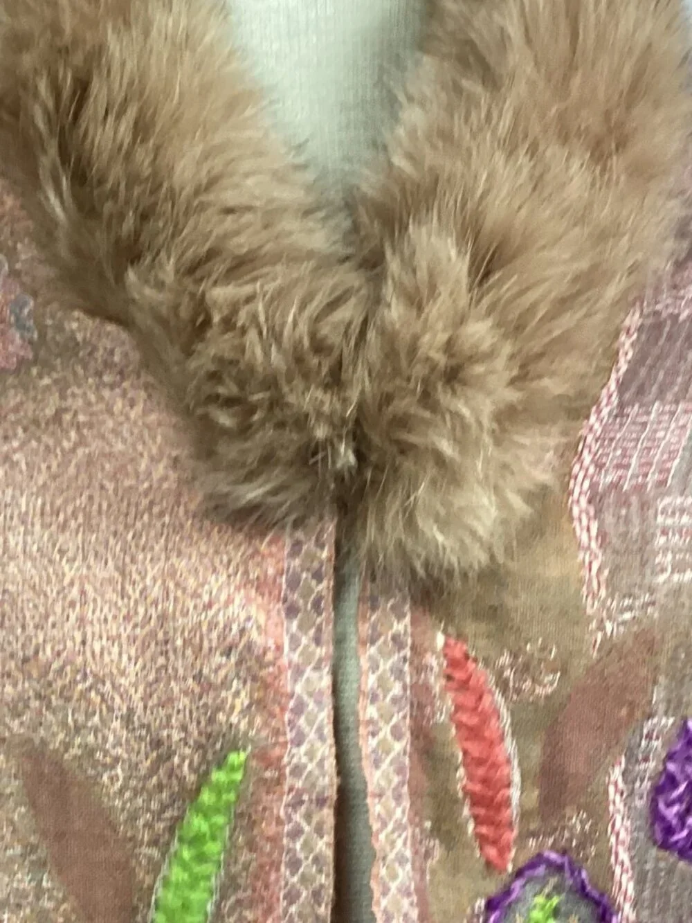 Embroidered Paisley Shawl Wrap with Fox Fur Trim and Tassels